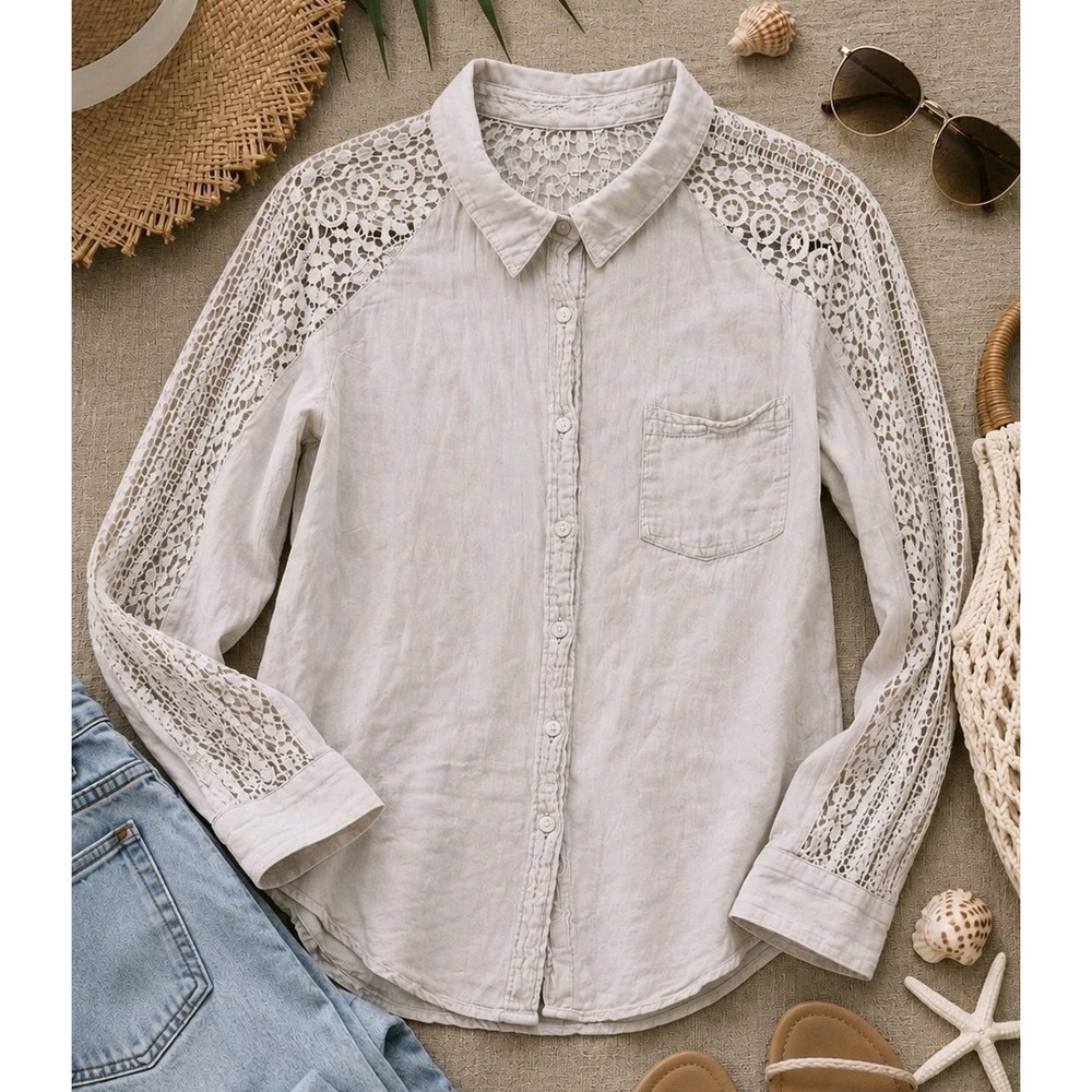 100% Cotton Womens Large Shirt Lace Sleeve Coastal Boho Beach Lightweight Top